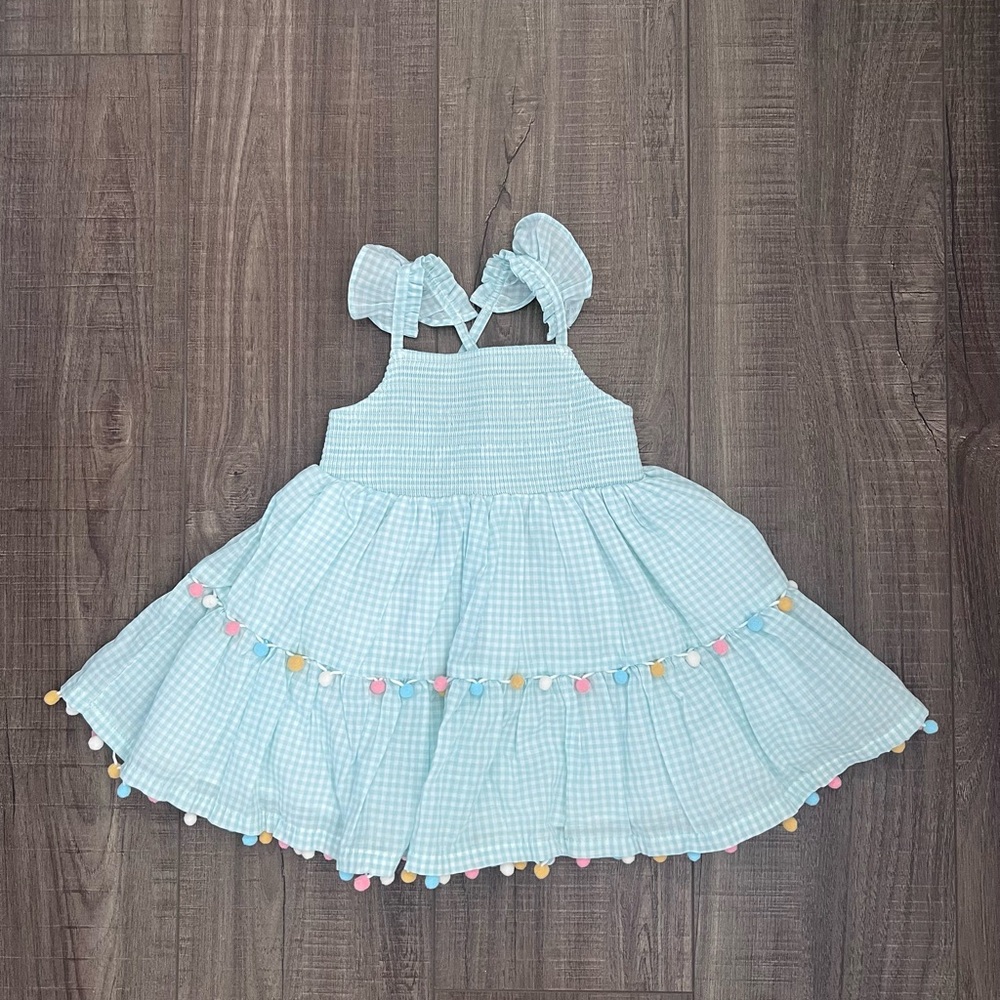 Tahari Light Blue Gingham Kids Dress with Colorful Pom Poms